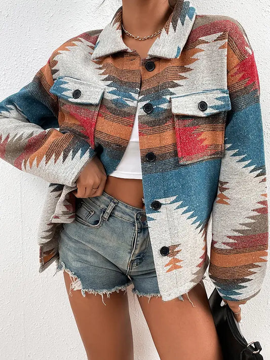 Aztec Print Pocketed Button Up Shacket