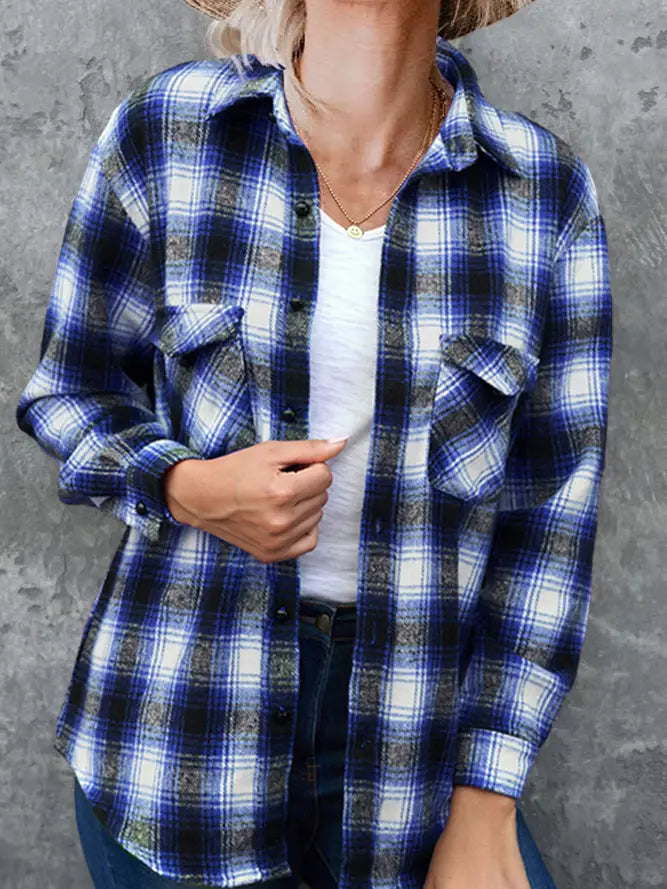 Button Up Pockets Long Sleeves Plaid Shirt