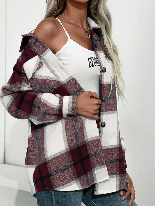 Plaid Flannel Shacket Jacket Wine Red