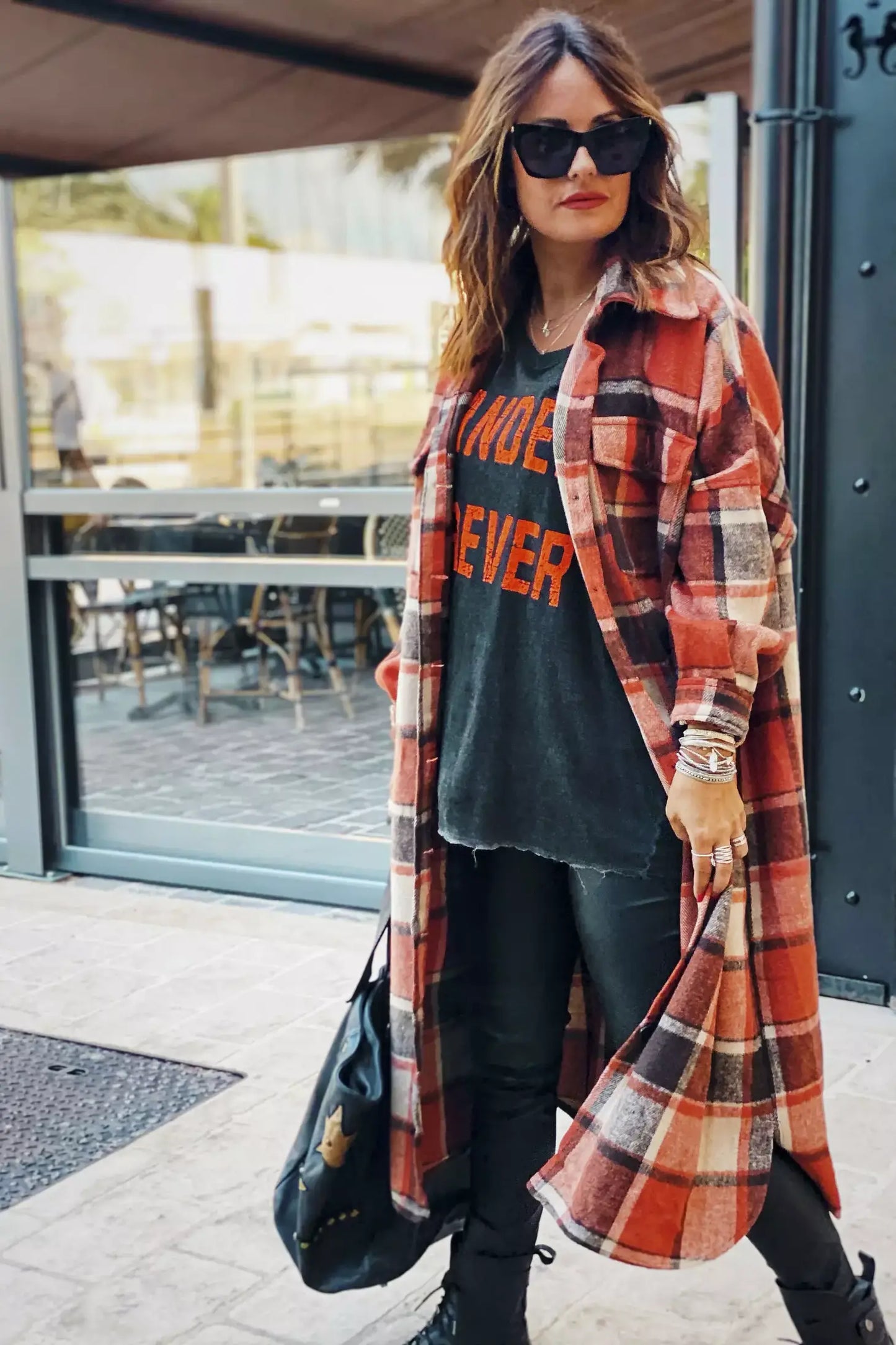 Plaid Flannel Shacket Jacket Maxi Length Women Orange