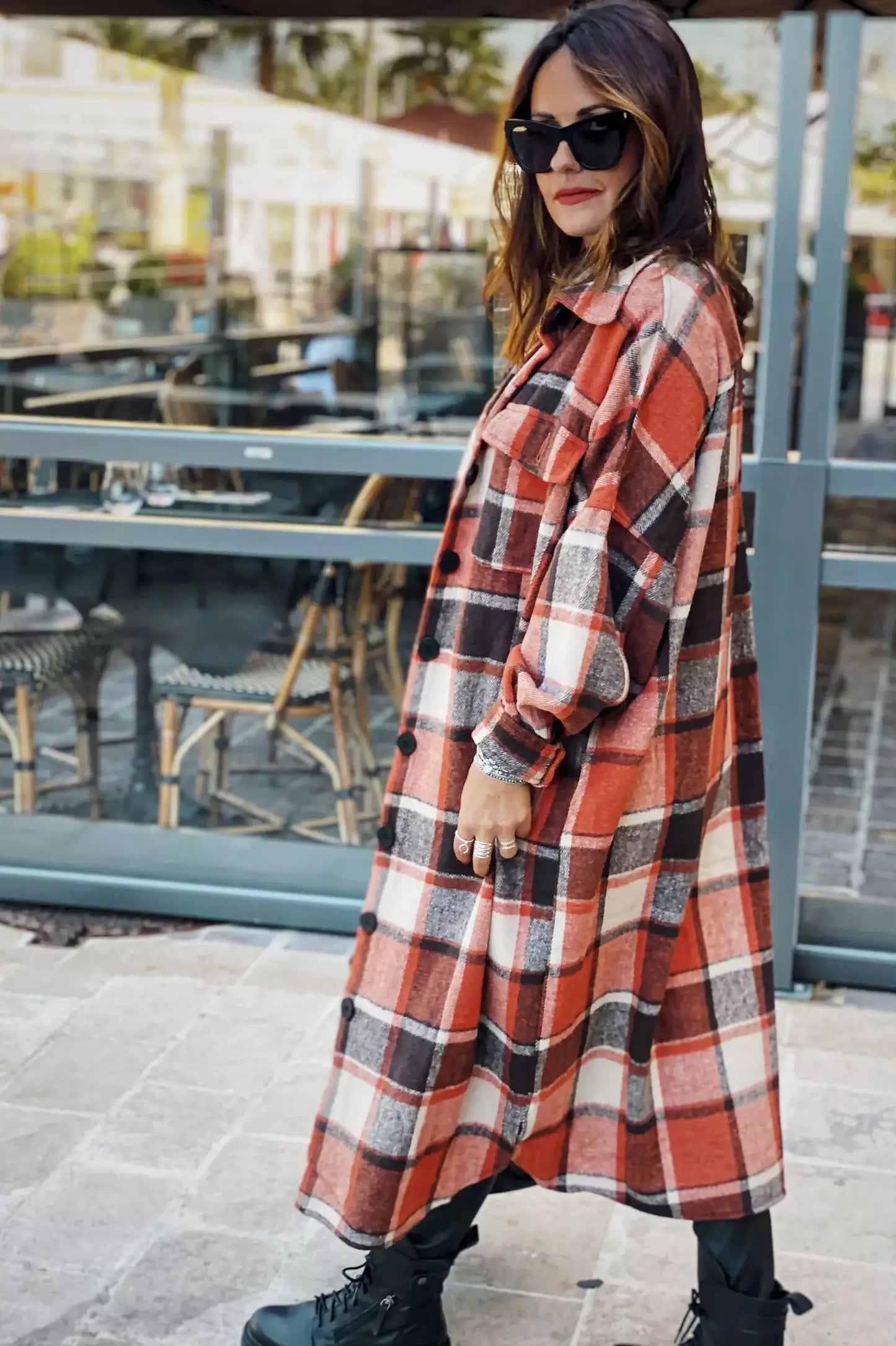 Plaid Flannel Shacket Jacket Maxi Length Women Orange